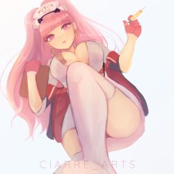 Rule 34 | 1girl, absurdres, alternate costume, blunt bangs, breasts, ciarre, cleavage, earrings, female focus, fire emblem, fire emblem: three houses, gloves, hat, highres, hilda valentine goneril, holding, jewelry, large breasts, long hair, matching hair/eyes, nintendo, nurse, nurse cap, parted lips, pink eyes, pink hair, ponytail, red gloves, solo, syringe, thighhighs, twitter username, underboob, white thighhighs