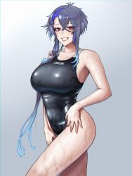 Rule 34 | 1girl, ahoge, alternate costume, asymmetrical hair, azur lane, bare legs, black one-piece swimsuit, blue hair, blush, breasts, clothes writing, colored inner hair, commentary, competition swimsuit, copyright name, cowboy shot, crossed bangs, eyelashes, foch (azur lane), gradient background, gradient hair, grey background, grin, hair between eyes, highleg, highleg swimsuit, highres, hihizaru badass, large breasts, lips, looking at viewer, multicolored hair, one-piece swimsuit, pink eyes, short hair with long locks, sidelocks, silver hair, simple background, smile, solo, standing, swimsuit, thighs, two-tone hair, wet, wet clothes, wet swimsuit