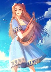 Rule 34 | 1girl, bad id, bad tumblr id, biahnyang, bird, blue dress, blue sky, brown eyes, brown hair, cloud, contrapposto, day, dress, flower, hair flower, hair ornament, hibiscus, holding, holding instrument, instrument, long hair, marin (zelda), nintendo, ocean, open mouth, outdoors, seagull, sky, smile, solo, standing, the legend of zelda, the legend of zelda: link&#039;s awakening