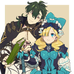 Rule 34 | 1boy, 1girl, armor, blonde hair, blue eyes, book, closed mouth, fire emblem, fire emblem engage, frills, green hair, gregory (fire emblem), guttary, hair between eyes, hair over one eye, hat, hat ribbon, holding, holding book, looking at another, madeline (fire emblem), nintendo, red eyes, ribbon, short hair, shoulder armor, wavy hair