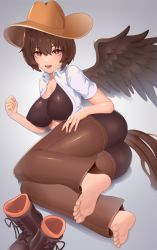 Rule 34 | 1girl, :d, absurdres, ass, barefoot, black wings, boots, breasts, bright pupils, brown hair, brown hat, brown pants, callmaichi, cleavage, collarbone, commentary request, covered erect nipples, cowboy hat, cross-laced footwear, feathered wings, gradient background, grey background, hair between eyes, hat, highres, horse tail, kurokoma saki, lace-up boots, large breasts, looking at viewer, lying, on side, open clothes, open mouth, open shirt, pants, pegasus wings, red eyes, shirt, short hair, simple background, smile, soles, solo, tail, toes, touhou, unworn boots, white pupils, white shirt, wing collar, wings