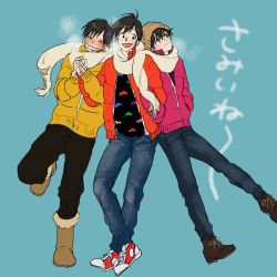 Rule 34 | 10s, 3boys, bad id, bad pixiv id, black hair, blue background, blush, boots, breath, brothers, coat, denim, grin, hands in pockets, jeans, male focus, matsuno jyushimatsu, matsuno osomatsu, matsuno todomatsu, mojisan, mojisan (ebimo), multiple boys, osomatsu-kun, osomatsu-san, pants, scarf, shared clothes, shared scarf, siblings, simple background, smile, winter clothes