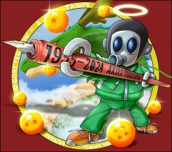 Rule 34 | 1boy, colored sclera, colored skin, dated, dragon, dragon ball, dragon ball (object), eastern dragon, english text, gas mask, goketerhc, green jacket, green pants, green skin, halo, highres, holding, holding pen, horns, jacket, mask, oversized object, pants, pen, red background, red sclera, robot, shenron (dragon ball), thank you, toriyama akira (character), twitter username, yellow halo
