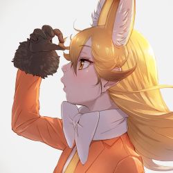 Rule 34 | 1girl, adjusting hair, animal ear fluff, animal ears, black gloves, blazer, blonde hair, bow, commentary request, extra ears, ezo red fox (kemono friends), fox ears, from side, fur-trimmed sleeves, fur trim, gloves, grey background, jacket, kemono friends, long hair, long sleeves, looking to the side, orange jacket, parted lips, solo, takami masahiro, white neckwear, wind, yellow eyes