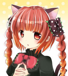 Rule 34 | 1girl, animal ears, bow, braid, cat ears, cat girl, cat tail, dress, female focus, hair bow, kaenbyou rin, multiple tails, open mouth, ramudia (lamyun), red eyes, red hair, ribbon, short hair, solo, tail, touhou, twin braids