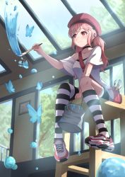 Rule 34 | 1girl, :3, absurdres, alternate hairstyle, asymmetrical clothes, asymmetrical legwear, bag, bang dream!, blush, bucket, bug, butterfly, chair, choker, collarbone, detached sleeves, earrings, floating, floating object, hair ornament, hairclip, hat, highres, hiromachi nanami, indoors, insect, jewelry, jihi, long hair, mismatched legwear, paint, paintbrush, painting (action), pink hair, plaid headwear, red eyes, shoes, shorts, shoulder bag, sitting, sneakers, socks, solo, striped clothes, striped socks, twintails, window