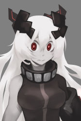 Rule 34 | 10s, 1girl, absurdres, abyssal ship, anchorage oni, black background, breasts, colored skin, deel (rkeg), hair ornament, highres, kantai collection, long hair, md5 mismatch, mechanical arms, red eyes, ringed eyes, simple background, single mechanical arm, single sleeve, solo, upper body, white hair, white skin, wide-eyed