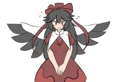Rule 34 | 1girl, bird wings, black hair, black wings, bow, cape, closed mouth, cosplay, dress, hair bow, highres, kagiyama hina, kagiyama hina (cosplay), long hair, looking at viewer, mizusoba, own hands together, puffy short sleeves, puffy sleeves, red bow, red dress, red eyes, reiuji utsuho, short sleeves, simple background, smile, solo, touhou, v-shaped eyebrows, white background, white cape, wings