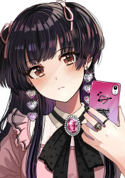 Rule 34 | 1girl, absurdres, black hair, blunt bangs, blush, cellphone, earrings, expressionless, gem, glint, hair ribbon, head tilt, heart, heart earrings, highres, holding, holding phone, idolmaster, idolmaster shiny colors, jewelry, looking at viewer, machi (xvhm7833), mayuzumi fuyuko, nail polish, neck ribbon, phone, ribbon, ring, simple background, solo, two side up, upper body, white background