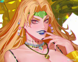 1girl bare_shoulders bead_choker beads blonde_hair blue_lips blush breasts chain chain_necklace chinese_commentary choker closed_mouth collarbone commentary_request diadem dio_brando earrings eyelashes fang fang_out fass_(weibo_7305677554) flower_earrings freckles genderswap genderswap_(mtf) gold_earrings gold_necklace hand_on_own_face heart heart_choker heart_earrings hoop_earrings jewelry jojo_no_kimyou_na_bouken large_breasts light_particles lipstick long_hair long_sleeves makeup mascara mole mole_under_mouth multiple_earrings nail_polish necklace pink_eyes purple_nails smile solo spaghetti_strap sparkle stitched_neck stitches teeth thick_eyebrows upper_body weibo_watermark white_background yellow_sleeves