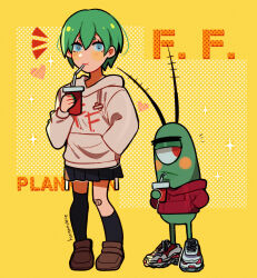 Rule 34 | 1boy, 1girl, absurdres, antennae, asymmetrical legwear, bandaid, bandaid on knee, bandaid on leg, blue eyes, brown hoodie, brown sweater, character name, commentary, crossover, cup, disposable cup, drinking, drinking straw, english commentary, foo fighters (jojo), green hair, hand in pocket, heart, highres, hood, hooded sweater, hoodie, huyandere, jojo no kimyou na bouken, loafers, red eyes, sheldon j. plankton, shoes, short hair, single thighhigh, sneakers, sparkling aura, spongebob squarepants (series), stone ocean, sweater, thighhighs, trait connection