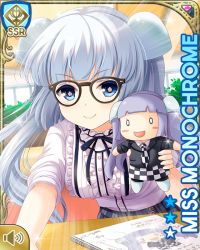Rule 34 | 1girl, black bow, blue eyes, blunt bangs, bow, card, character name, closed mouth, day, girlfriend (kari), grey skirt, indoors, jacket, miss monochrome, miss monochrome (character), official art, plaid, plaid skirt, qp:flapper, school uniform, shirt, skirt, sleeves rolled up, smile, solo, stuffed toy, tagme, thighhighs, twintails, white footwear, white hair, white shirt