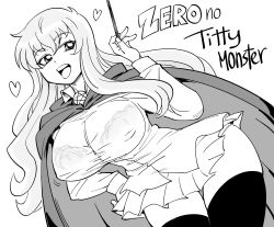 Rule 34 | 1girl, alternate breast size, bb (baalbuddy), breasts, english text, greyscale, hand on own hip, heart, highres, holding, holding wand, large breasts, leaning forward, long hair, louise francoise le blanc de la valliere, monochrome, open mouth, pleated skirt, see-through, see-through shirt, simple background, skirt, smile, solo, thighhighs, wand, white background, zero no tsukaima