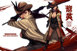 Rule 34 | 1girl, alternate costume, ammunition belt, black hair, blood, blood on clothes, blood on face, bloody weapon, boots, braid, breasts, chaps, cleavage, coat, cowboy boots, cowboy hat, eyepatch, glaive (polearm), hat, hat feather, highres, large breasts, lipstick, long hair, makeup, mole, mole under eye, neckerchief, no bra, original, polearm, red eyes, ryu shou, sheriff, sheriff badge, single braid, solo, tan, the chronicle of black phoenix, trench coat, weapon, yan zhi ying