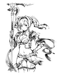 Rule 34 | 10s, 1girl, armor, belt, breasts, cleavage, gou (ga673899), granblue fantasy, greyscale, hairband, hand on own hip, haoni, long hair, medium breasts, monochrome, navel, solo, stomach, thighhighs, twintails, weapon, zeta (granblue fantasy)