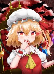 Rule 34 | absurdres, apple, ascot, blonde hair, crystal, eating, embodiment of scarlet devil, flandre scarlet, food, frilled shirt collar, frills, fruit, hat, hat ribbon, highres, holding, holding food, holding fruit, medium hair, mob cap, one side up, puffy short sleeves, puffy sleeves, red eyes, red ribbon, red vest, ribbon, self-upload, shirt, short sleeves, touhou, vest, white hat, white shirt, wings, wristband, yellow ascot