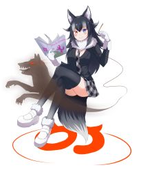 Rule 34 | &gt;:), 10s, 1girl, absurdres, animal ears, black hair, black jacket, black thighhighs, blue eyes, blush, book, breast pocket, breasts, brown eyes, closed mouth, crossed legs, d z, full body, fur collar, glowing, glowing eye, grey wolf (kemono friends), hair between eyes, head tilt, heterochromia, highres, holding, holding book, holding pen, jacket, japari symbol, kemono friends, large breasts, mary janes, multicolored hair, necktie, open book, open mouth, pen, plaid, plaid necktie, plaid neckwear, plaid skirt, pleated skirt, pocket, red eyes, sharp teeth, shoes, sitting, skirt, smile, spirit, tail, teeth, thighhighs, two-tone hair, v-shaped eyebrows, white background, white footwear, white hair, wolf ears, wolf tail