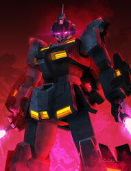Rule 34 | absurdres, beam saber, damaged, dirty, dual wielding, glowing, glowing eyes, gundam, gundam side story: missing link, highres, holding, lights, looking at viewer, machinery, mecha, mobile suit, no humans, pale rider (mobile suit), purple eyes, realistic, robot, science fiction, signature, taka-f