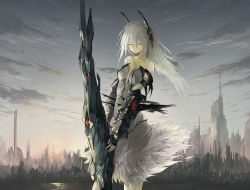 Rule 34 | 1girl, bad id, bad pixiv id, building, city, cityscape, cyberpunk, highres, long hair, original, revision, skirt, sky, skyscraper, solo, solru, sunset, white hair, yellow eyes
