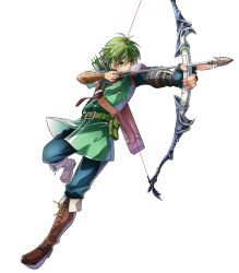 Rule 34 | 1boy, arrow (projectile), belt, boots, bow (weapon), drawing bow, fingerless gloves, fire emblem, fire emblem: mystery of the emblem, fire emblem heroes, full body, gloves, gordin (fire emblem), green eyes, green hair, highres, holding bow (weapon), itagaki hako, male focus, nintendo, official art, quiver, solo, transparent background, weapon