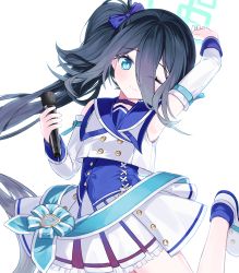 Rule 34 | 1girl, aris (blue archive), black hair, blue archive, blue eyes, bow, choker, dancing, detached sleeves, gradient hair, hair between eyes, hair bow, halo, highres, idol, long hair, long hair between eyes, microphone, mischievous straight uniform (blue archive), multicolored hair, official alternate costume, pleated skirt, sailor collar, side ponytail, simple background, skirt, thighs, tiko (idadsa91), upper body, very long hair, white background