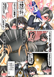 Rule 34 | &gt; &lt;, + +, 0 0, 10s, 2girls, alcohol, barrel, black hair, blush, bottle, chitose (kancolle), comic, drum (container), drunk, closed eyes, fang, grey hair, headband, kantai collection, long hair, multiple girls, naganami (kancolle), open mouth, ouno (nounai disintegration), ribbon, translation request