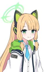 Rule 34 | 1girl, alternate hair length, alternate hairstyle, animal ear headphones, animal ears, blonde hair, blue archive, blue necktie, blush, bow, buttons, closed mouth, collared shirt, fake animal ears, green eyes, green halo, hair bow, halo, headphones, highres, hood, hooded jacket, jacket, koucha (sr4ez), long hair, long sleeves, looking at viewer, midori (blue archive), multicolored clothes, multicolored jacket, necktie, parted bangs, puffy long sleeves, puffy sleeves, shirt, simple background, smile, solo, upper body, white background, wide sleeves