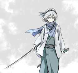 Rule 34 | 1girl, absurdres, alternate costume, blue scarf, closed mouth, commentary, green kimono, grey background, grey eyes, grey hair, hair between eyes, highres, holding, holding sword, holding weapon, japanese clothes, kimono, konpaku youmu, long sleeves, looking to the side, scarf, shimoda masaya, solo, sword, touhou, vest, weapon, white vest