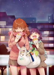 Rule 34 | 10s, 2girls, absurdres, ahoge, bag, brown hair, building, cabbage, croquette, eating, food, highres, holding, holding bag, kawai makoto, koufuku graffiti, long hair, machiko ryou, morino kirin, multiple girls, night, open mouth, outdoors, pink scarf, plastic bag, scarf, school uniform, shopping bag, sky, snow, spring onion, standing, star (sky), starry sky, striped clothes, striped scarf
