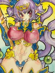 Rule 34 | 1girl, absurdres, artist request, breasts, covered erect nipples, curvy, female focus, highres, huge breasts, long hair, pubic tattoo, purple hair, queen&#039;s blade, queen&#039;s blade grimoire, red eyes, seiten (queen&#039;s blade), shiny skin, smile, solo, tail, tattoo, thong, tiara, traditional media, twintails