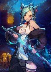 Rule 34 | 1girl, animal ears, aqua hair, ascot, asymmetrical hair, warrior of light (ff14), bare shoulders, braid, camisole, cat ears, cat girl, closed mouth, coat, cowboy shot, drawing sword, facial mark, fictional persona, final fantasy, final fantasy xiv, forehead jewel, forehead mark, glowing, hide (hideout), highres, holding, holding sheath, holding sword, holding weapon, lips, long sleeves, looking at viewer, medium hair, miniskirt, miqo&#039;te, night, open clothes, open coat, outdoors, red eyes, samurai (final fantasy), scabbard, sheath, skirt, smile, solo, sword, twin braids, unsheathing, weapon, whisker markings