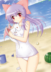 Rule 34 | 1girl, beach, bow, bucket, day, dragon, dutch angle, female focus, food, fruit, long hair, one-piece swimsuit, original, outdoors, ponytail, purple hair, red eyes, school swimsuit, solo, swimsuit, unico kasumi, watermelon, white one-piece swimsuit, white school swimsuit