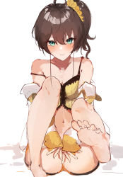 Rule 34 | 1girl, absurdres, ahoge, barefoot, blue eyes, blush, brown hair, camisole, closed mouth, covering crotch, covering privates, female focus, foreshortening, frilled camisole, frills, hair between eyes, highres, hololive, jacket, long sleeves, looking at viewer, loungewear, medium hair, natsuiro matsuri, natsuiro matsuri (matsuri&#039;s day off), navel, orange shorts, scrunchie, short shorts, shorts, side ponytail, simple background, sitting, sketch, smile, solo, strap slip, striped clothes, striped jacket, virgo76612871, virtual youtuber, white background, white jacket, yellow camisole, yellow jacket, yellow scrunchie