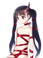 Rule 34 | 1girl, asymmetrical horns, bad id, bad pixiv id, black hair, flat chest, horns, long hair, naked ribbon, nude, original, red eyes, ribbon, simple background, solo, songmil, twintails, uneven horns, white background