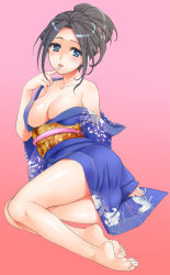 Rule 34 | 1girl, bare shoulders, barefoot, black hair, blue eyes, breasts, cleavage, feet, finger to mouth, fujisaka kuuki, japanese clothes, kimono, large breasts, open clothes, original, solo