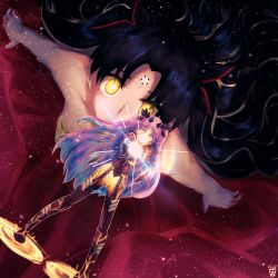 Rule 34 | absurdres, black hair, bodysuit, crescent, crescent facial mark, facial mark, fate/grand order, fate (series), forehead mark, glowing, highres, ishtar (fate), long hair, multicolored hair, ootato, signature, space ishtar (fate), space ishtar (third ascension) (fate), star (symbol), star facial mark, starry background, symbol-shaped pupils, very long hair, yellow eyes