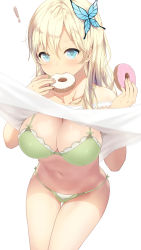 Rule 34 | !, 1girl, blonde hair, blue eyes, boku wa tomodachi ga sukunai, bra, breasts, butterfly hair ornament, cait aron, cleavage, clothes lift, doughnut, dress, dress lift, eating, food, green bra, green panties, hair between eyes, hair ornament, highres, kashiwazaki sena, large breasts, long hair, looking at viewer, panties, simple background, solo, strap slip, thigh gap, underwear, white background, white dress, wind, wind lift