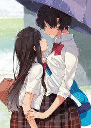 Rule 34 | 2girls, bag, black hair, blush, bow, bowtie, collared shirt, cowboy shot, day, dress shirt, dripping, eye contact, eyebrows, fly 333, from side, hand on another&#039;s arm, height difference, long hair, looking at another, looking at viewer, looking down, looking up, multiple girls, original, outdoors, parted lips, plaid, plaid skirt, rain, red bow, red bowtie, school uniform, shared umbrella, shirt, short hair, short sleeves, shoulder bag, skirt, sleeves rolled up, sparkle, umbrella, wet, wet hair, white shirt, yuri