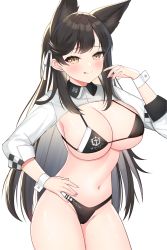 Rule 34 | 1girl, absurdres, animal ears, atago (azur lane), atago (stunning speedster) (azur lane), azur lane, bikini, black bikini, black hair, breasts, cleavage, commission, extra ears, highleg, highleg bikini, highres, large breasts, long hair, mole, mole under eye, neko lu (wofud453), official alternate costume, race queen, ribbon, simple background, sleeve cuffs, solo, swept bangs, swimsuit, tongue, tongue out, two-tone bikini, white background, white ribbon, white sleeves, wrist cuffs, yellow eyes