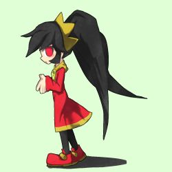 Rule 34 | 1girl, ashley (warioware), black hair, black pantyhose, blush, child, dress, female focus, from side, full body, green background, hairband, hands up, highres, jaggy lines, kan (kam48360493), long hair, long sleeves, looking at viewer, looking to the side, neckerchief, nintendo, open mouth, orange hairband, orange neckerchief, own hands together, pantyhose, profile, red dress, red eyes, red footwear, shoes, simple background, skull, solo, standing, twintails, warioware