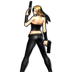 Rule 34 | 1girl, 3d, ass, back, belt, blonde hair, blue eyes, boots, breasts, capcom, choker, corset, devil may cry (series), female focus, gun, handgun, large breasts, long hair, marvel, marvel vs. capcom, marvel vs. capcom 3, official art, pants, semi-automatic firearm, simple background, smile, solo, tight clothes, tight pants, trish (devil may cry), weapon