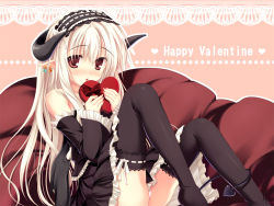 Rule 34 | 1girl, black thighhighs, demon girl, detached sleeves, earrings, frilled thighhighs, frills, gothic lolita, hairband, happy valentine, headdress, horns, jewelry, lolita fashion, lolita hairband, long hair, pointy ears, red eyes, solo, tail, tateha (marvelous grace), thighhighs, valentine, very long hair, white hair, wings