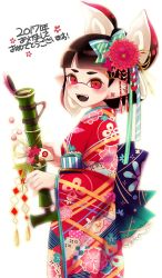Rule 34 | 1girl, 2017, akeome, bamboozler 14 (splatoon), black hair, blunt bangs, blush, commentary, earrings, fangs, floral print, from side, furisode, hair ornament, hair up, happy new year, highres, holding, holding weapon, inkling, inkling girl, inkling player character, japanese clothes, jewelry, kimono, light blush, logo, mimimi (echonolog), new year, nintendo, obi, pointy ears, print kimono, red eyes, red kimono, sash, simple background, solo, splatoon (series), splatoon 2, translated, weapon, white background, wide sleeves