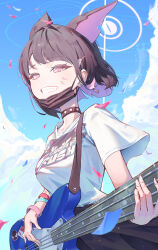 Rule 34 | 1girl, absurdres, animal ears, bad anatomy, black hair, black jacket, black mask, blue archive, blush, breasts, cat ears, clothes around waist, colored inner hair, electric guitar, extra ears, fingernails, grin, guitar, halo, highres, instrument, jacket, jacket around waist, jhigf, kazusa (blue archive), large breasts, long neck, mask, mouth mask, multicolored hair, pink hair, pink halo, red eyes, shirt, short hair, short sleeves, smile, solo, surgical mask, white shirt