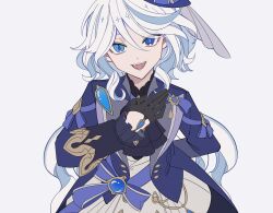 Rule 34 | 1girl, :d, ascot, black ascot, black gloves, blue brooch, blue eyes, blue gemstone, blue hair, blue headwear, blue jacket, drop-shaped pupils, furina (genshin impact), gem, genshin impact, gloves, hair between eyes, hat, heterochromia, highres, jacket, light blue hair, long hair, long sleeves, looking at viewer, mismatched pupils, multicolored hair, open mouth, smile, solo, top hat, white hair, yuyouxingx