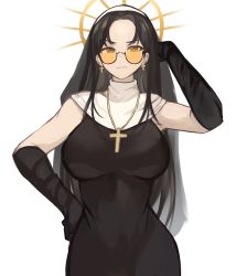 Rule 34 | 1girl, absurdres, black dress, black gloves, black hair, breasts, closed mouth, cross, cross earrings, cross necklace, dress, earrings, elbow gloves, glasses, gloves, highres, jewelry, large breasts, long hair, looking at viewer, necklace, nun, simple background, sleeveless, sleeveless dress, sookmo, standing, v-shaped eyebrows, white background
