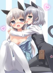 Rule 34 | 2girls, animal ears, bad id, bad pixiv id, black legwear, blue eyes, blush, breasts, cat ears, cat tail, cleavage, couple, ear licking, eila ilmatar juutilainen, fang, fudama, green eyes, hug, licking, long hair, looking at viewer, medium breasts, military, military uniform, multiple girls, no bra, off shoulder, open mouth, pantyhose, pouch, sanya v. litvyak, short hair, sideboob, smile, strike witches, tail, tongue, undressing, uniform, white hair, white legwear, world witches series, yuri