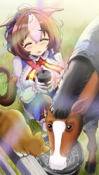 Rule 34 | 1girl, ahoge, animal ears, blanket, blue ribbon, bow, brown hair, cat, closed eyes, commentary request, creature and personification, cup, drinking, ear ribbon, ears down, fence, hair between eyes, hairband, highres, holding, holding cup, horse, horse ears, horse girl, horse tail, light rays, maru-san (jugz4835), meisho doto (racehorse), meisho doto (umamusume), meto (cat), multicolored hair, neck ribbon, outdoors, pink hairband, real life, ribbon, splashing, squatting, sunlight, tail, two-tone hair, umamusume, water, white hair, wooden fence