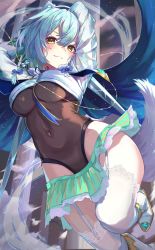 Rule 34 | 1girl, absurdres, arms behind head, blue bow, blue hair, bodysuit, bow, braid, breasts, brown bodysuit, closed mouth, commentary request, covered navel, fox girl, fox tail, garter straps, hair bow, highres, huge filesize, lavie (pride of eden), looking at viewer, medium breasts, red: pride of eden, roco (rocoroco1115), short hair, smile, solo, tail, thighhighs, thighs, twin braids, white thighhighs, yellow eyes