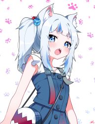 Rule 34 | 1girl, animal ear fluff, animal ears, bag, blue dress, blue eyes, blue hair, blush, cat ears, commentary, cube hair ornament, dress, gawr gura, gawr gura (casual), hair ornament, highres, hololive, hololive english, long hair, looking at viewer, multicolored hair, open mouth, paw print, paw print background, sharp teeth, shirt, shoulder bag, side ponytail, sidelocks, simple background, sleeveless, sleeveless dress, solo, streaked hair, teeth, tosyeo, upper body, virtual youtuber, white background, white hair, white shirt